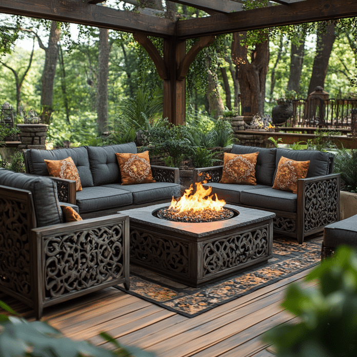 patio set with fire pit