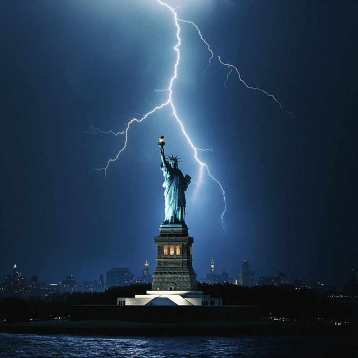 lightning strikes the statue of liberty